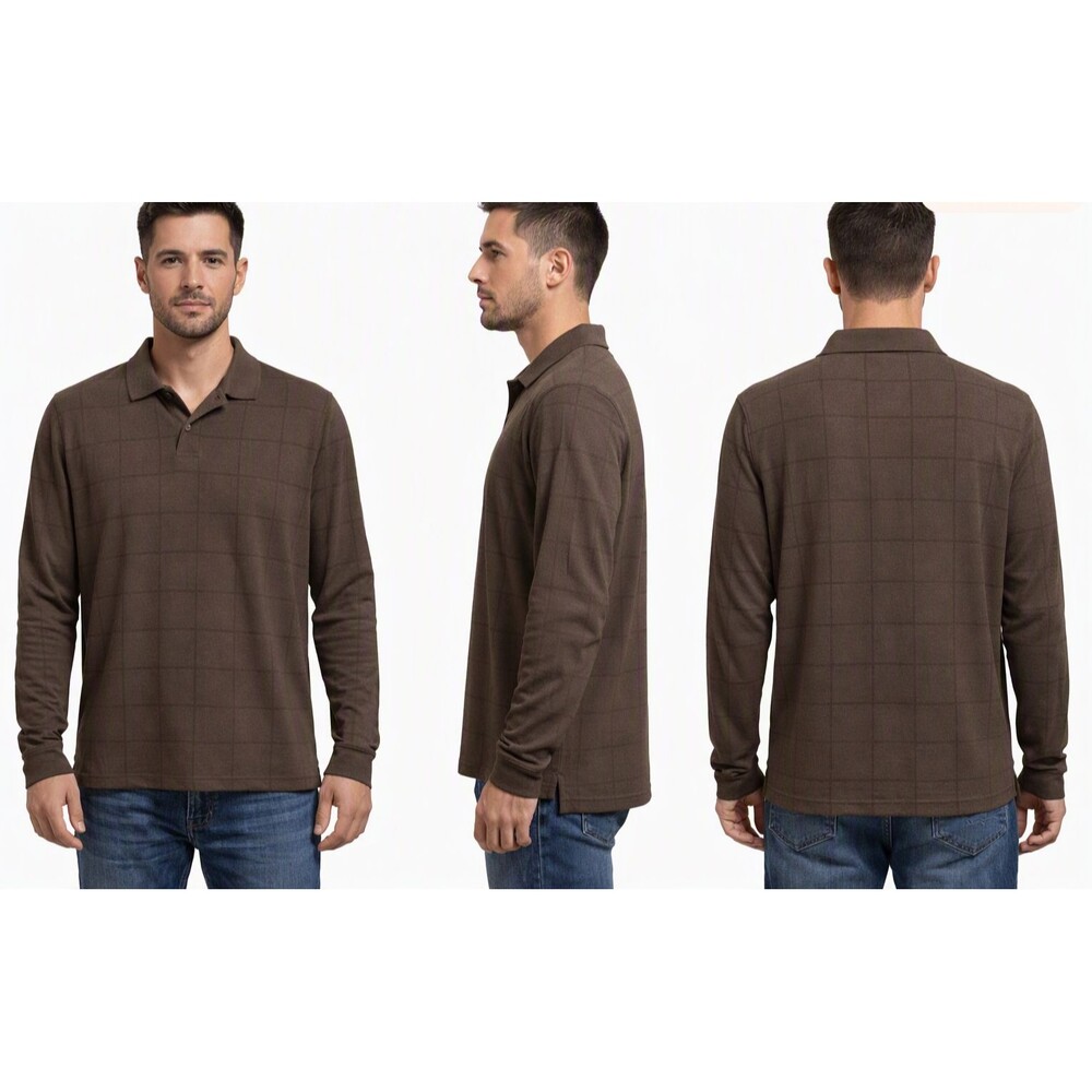 Haggar Windowpane Long Sleeve Polo Men’s XL Brown Retro Dadcore Pullover NWT
